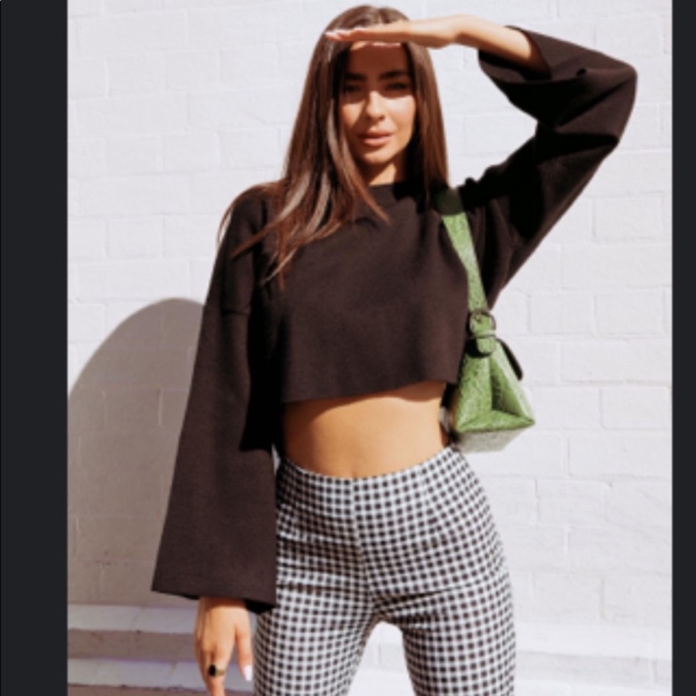 Princess Polly black cropped crewneck flare sleeves